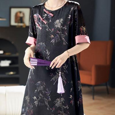 Stylish Chinese Disc Buckle Midi Dress Female Clothing Casual O-Neck Summer Loose Patchwork Vintage Printed A-Line Waist Dresses