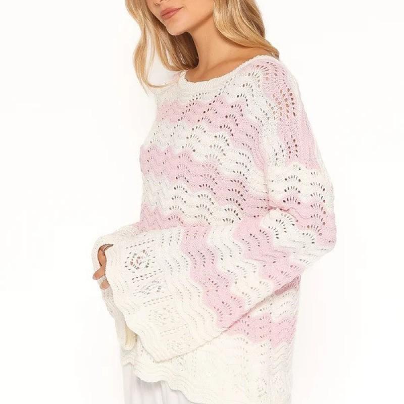 Womens Pink White Gradient Knit Sweater One Shoulder Flared Sleeve Pure Style Loose Fit