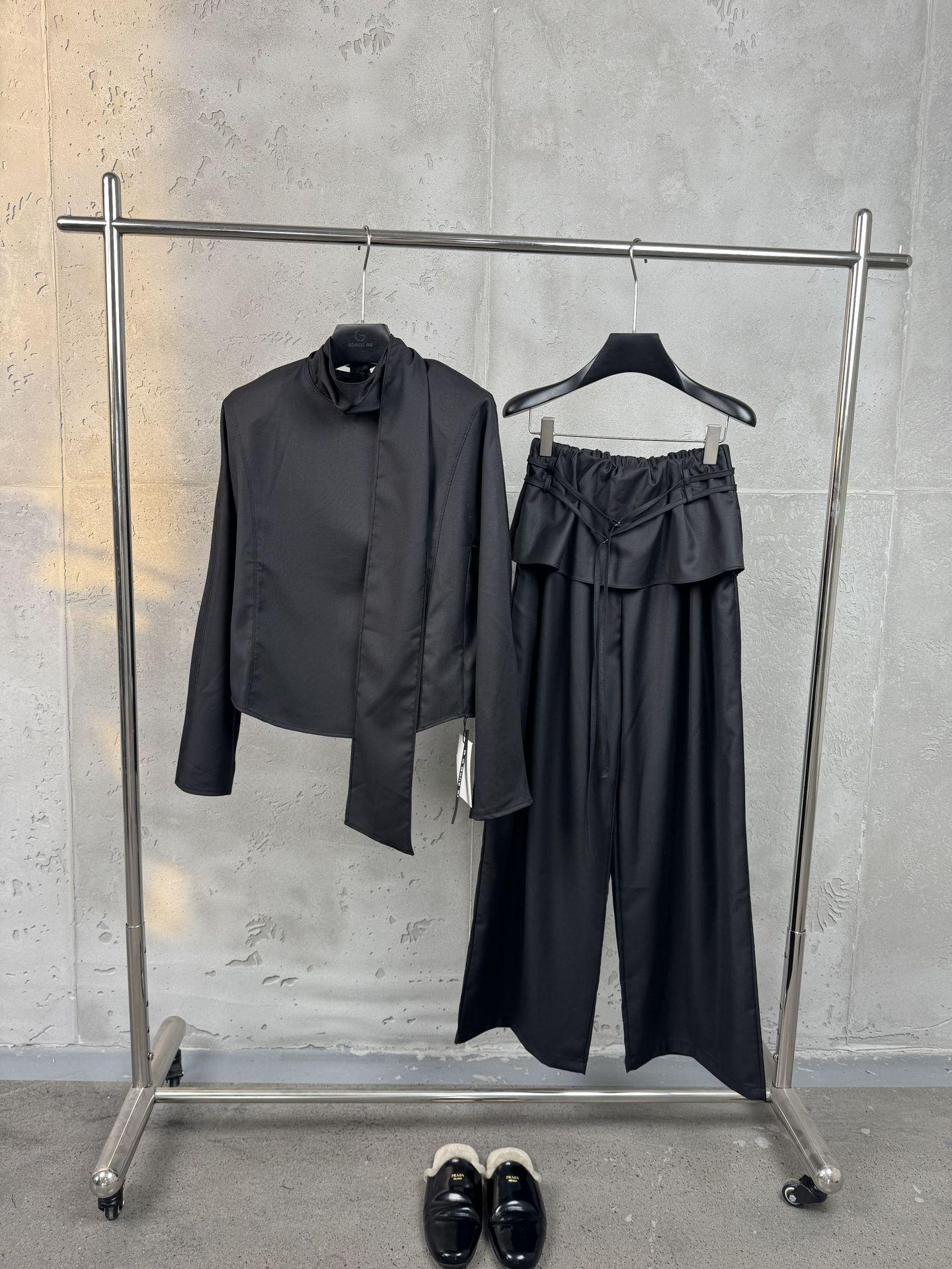 

Niche Design Ribbon Blouse & Wide-Leg Pants Set - Women s Chic Commuter Outfit Two-Piece Set XL чорний