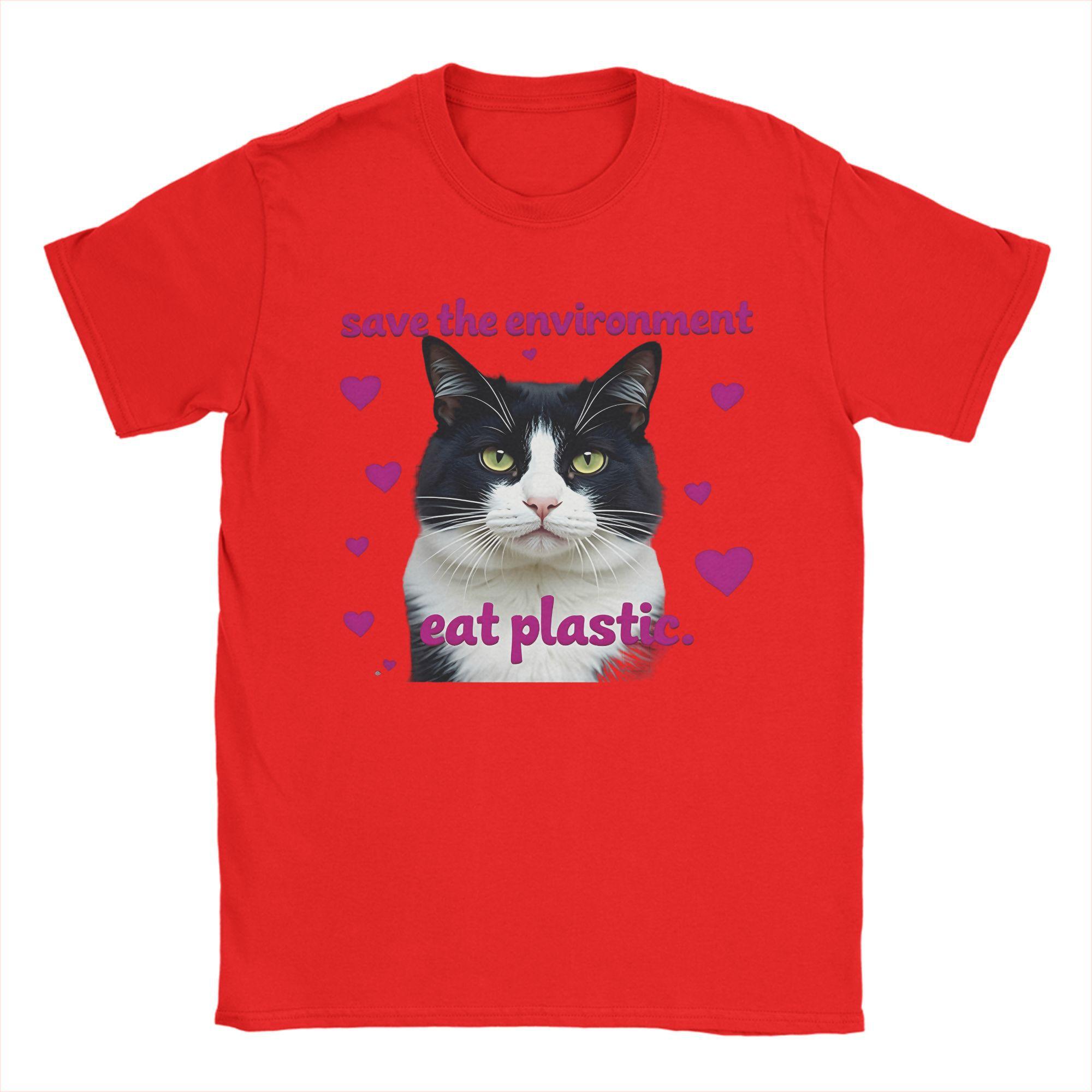 Men T-Shirt Save The Earth Eat Plastic Funny Meme Cute Cat Casual Cotton Tees Short Sleeve  T Shirt Crewneck Tops Plus Size S