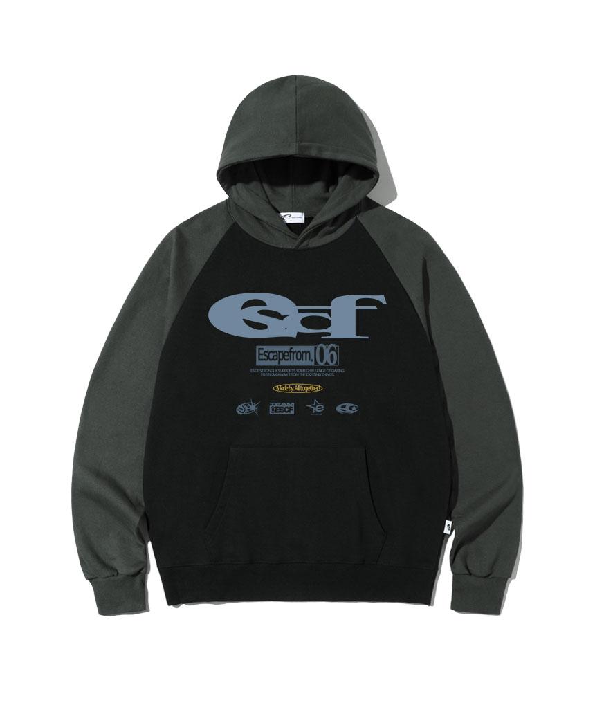 Escape From Escf Logo Collage Print Raglan Color Block Hoodie Black M