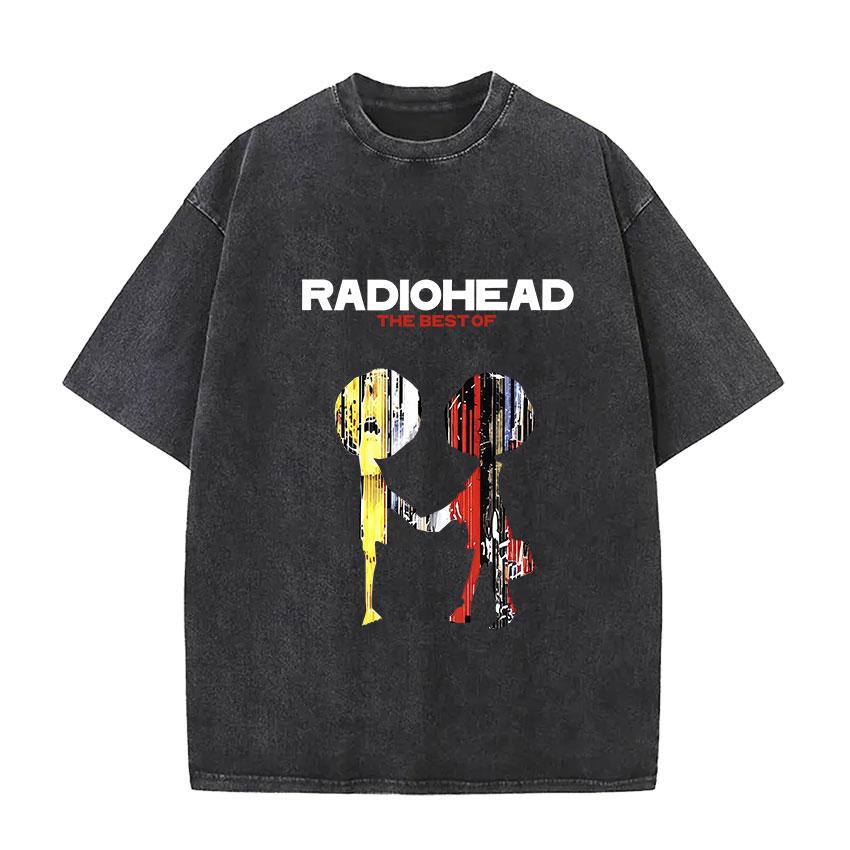 Vintage Washed Radiohead Tour  Print T Shirts Men Women Hip Hop Loose Pop British Rock Short Sleeve Tshirt Punk Streetwear