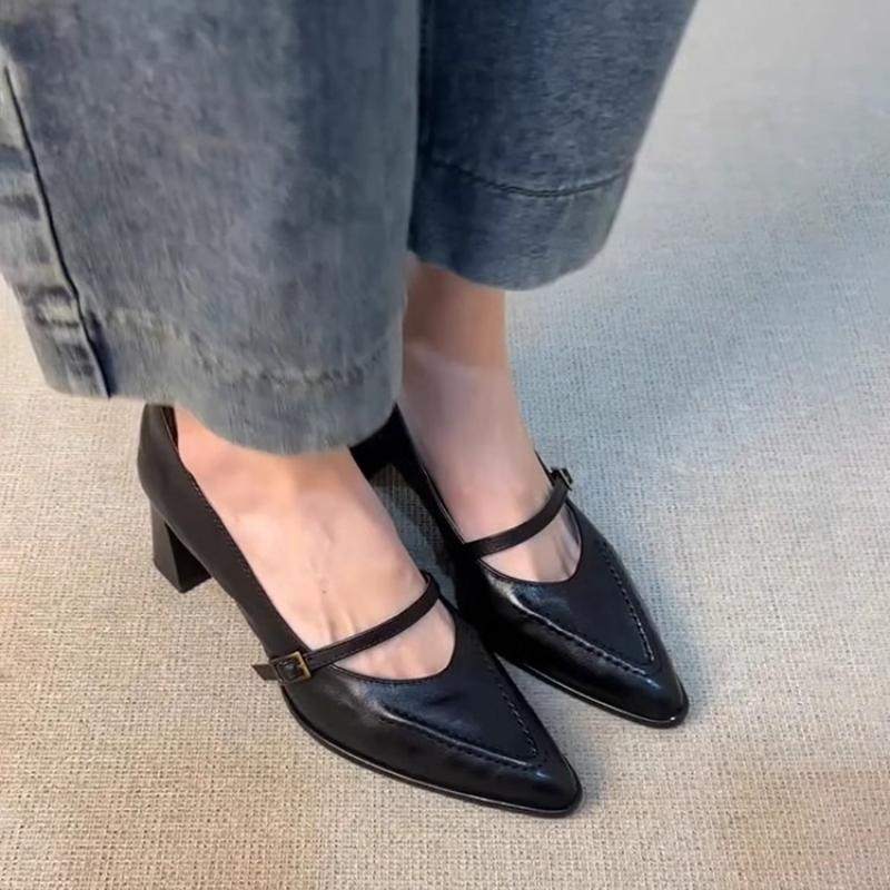 Vintage Frühling Dicke Ferse Damen Mary Jane Schuhe Flacher Schnallenriemen Schuhe Damen Elegant Spitze Zehen Tanzparty Pumps