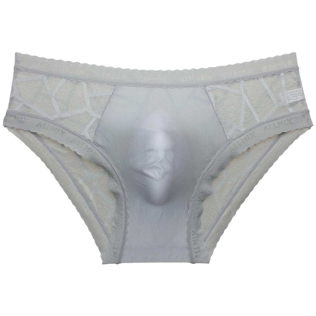 Men's Underwear 3D Pouch Sexy Letter Print Semi-Transparent Ice Silk Lace Cutout Briefs