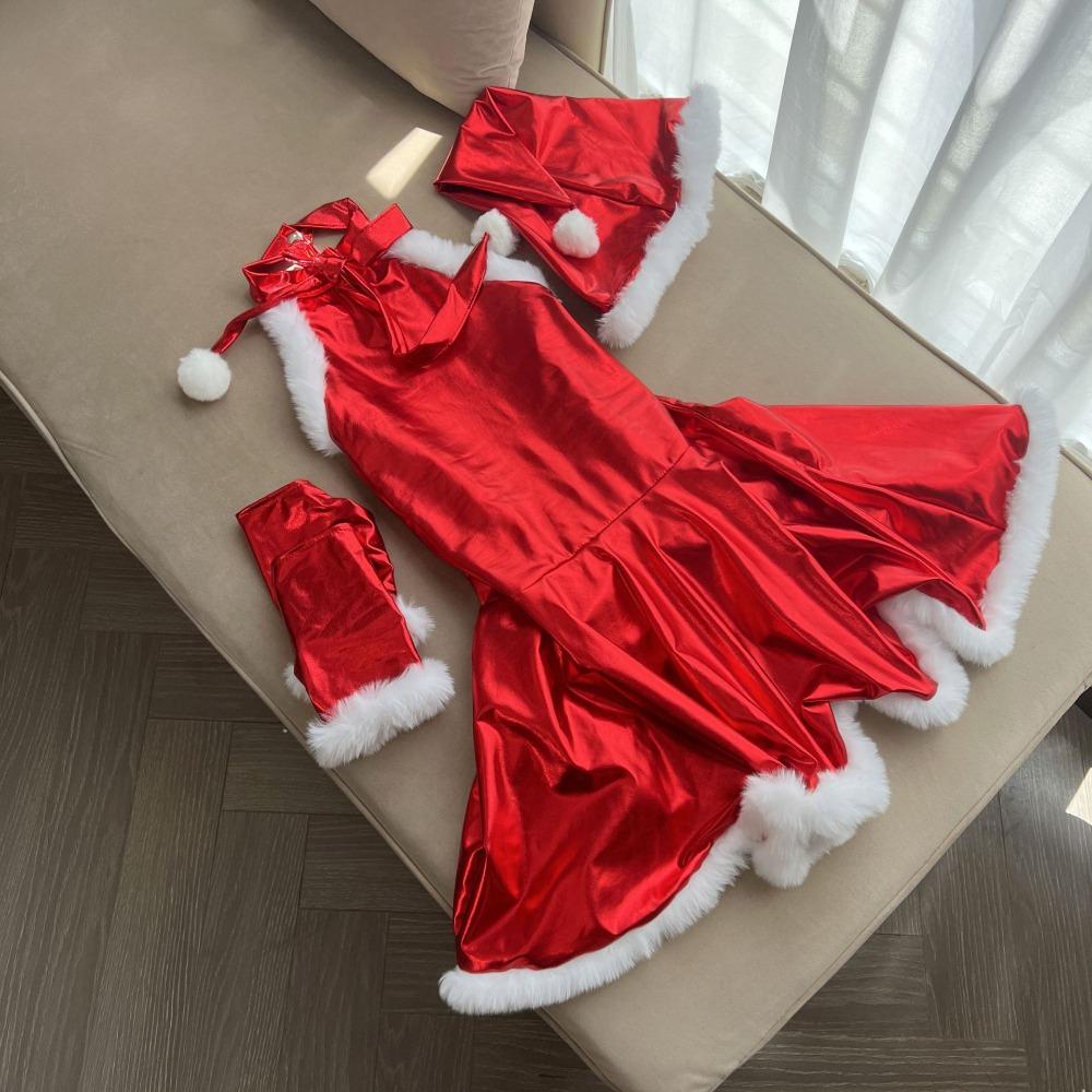 

4PCS Backless Christmas Costumes for Women Sexy Halter Neck Mini Dress with Hats gloves Festive Attire Christmas Outfits 4PCS