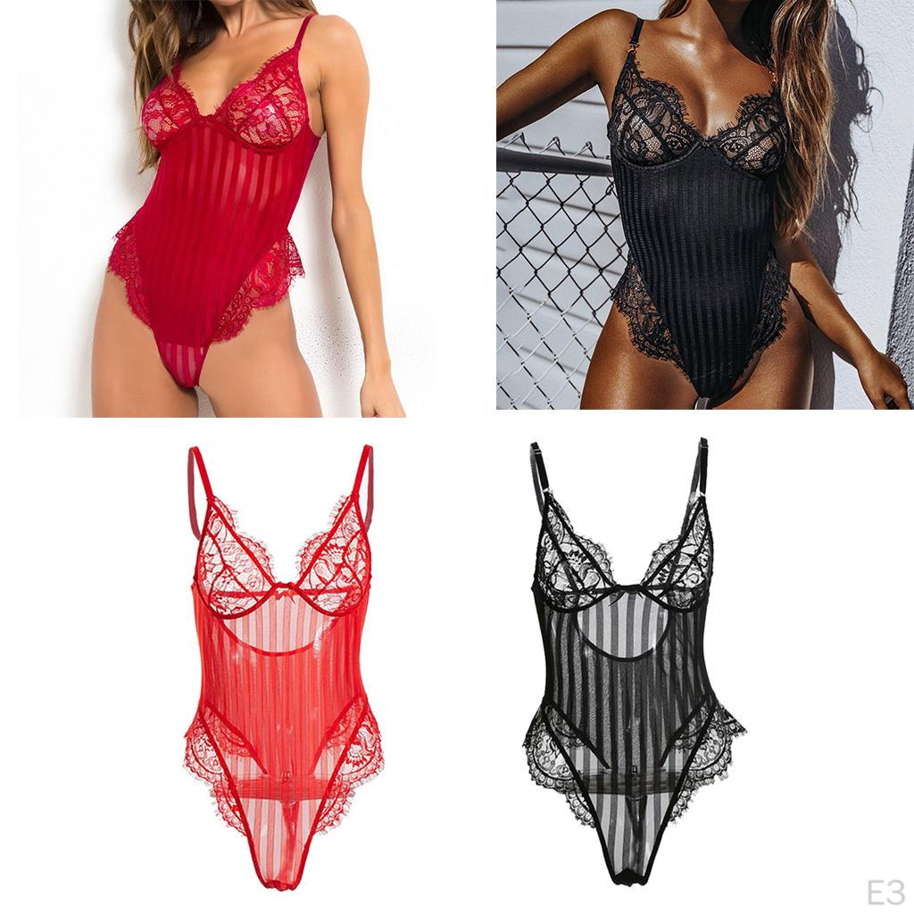 Lace Embroidery Stripe Deep V Bodysuit Teddy