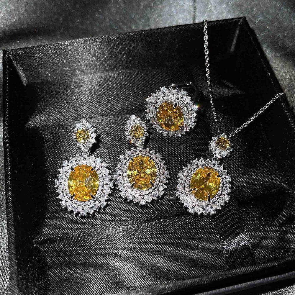 Luxury Women Jewelry Set with Blue Topaz Ring Citrine Earrings Pink Diamond Necklace European American Style