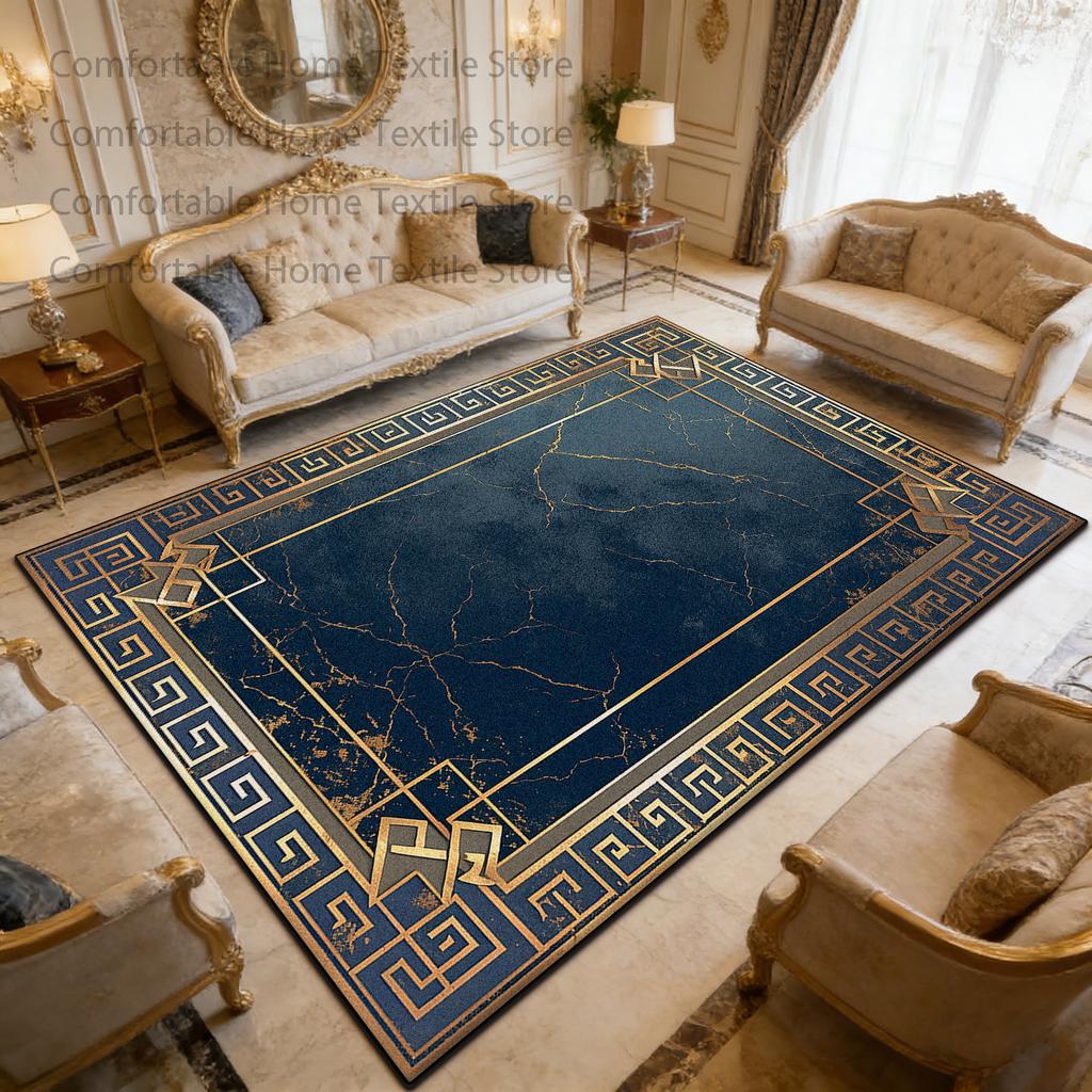 European Blue Gold Palace Style Living Room Carpet Home Decoration Luxury Washable Soft Rug Large Size Non-slip Fluffy Floor Mat