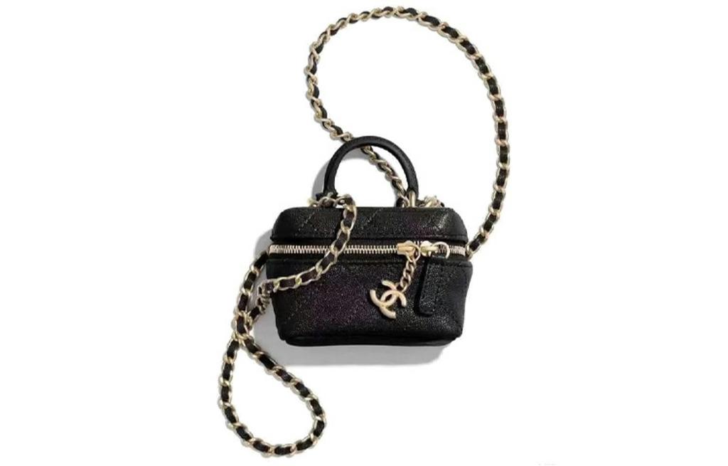 Chanel Gold Buckle Pure Color Fashion Leather Chain Diamond Pattern Lychee Grain Leather Box Bag Handbag Messenger Bag Small Female Black