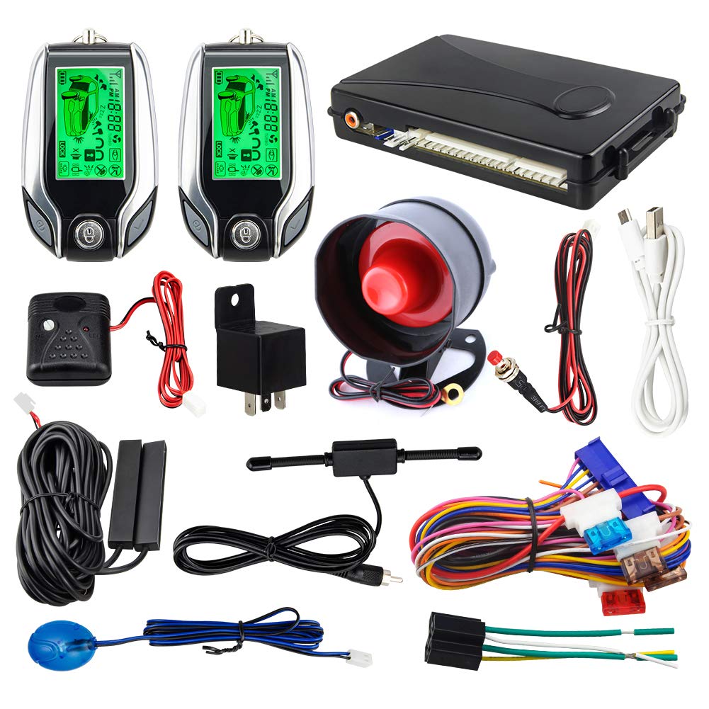 EASYGUARD EC204 PKE Car Alarm System with Passive Keyless Rechargeable LCD Pager and Shock DC12V 2-Way Entry, Display, Warning,