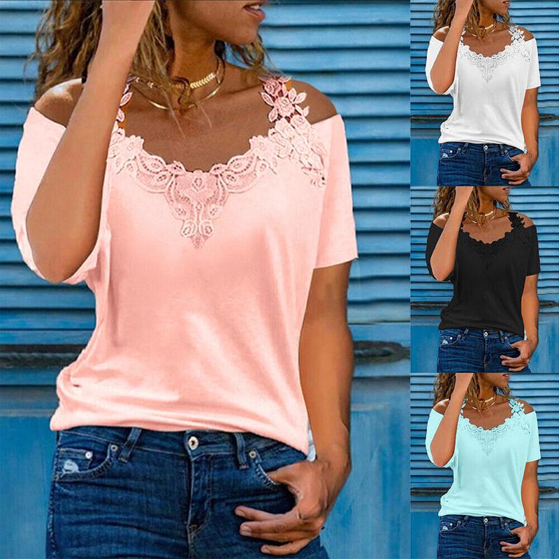 Ladies Summer Short Sleeve T Shirt Tops Womens Plain Lace Blouse Tee Plus Size