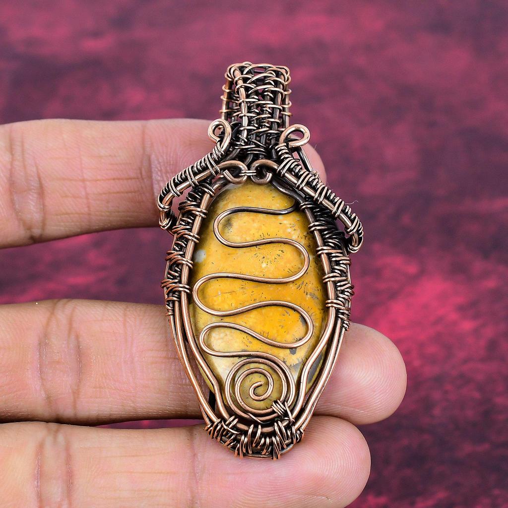 Fossil Coral Pendant Copper Wire Wrapped Gemstone Jewelry Handmade Unique Pendant