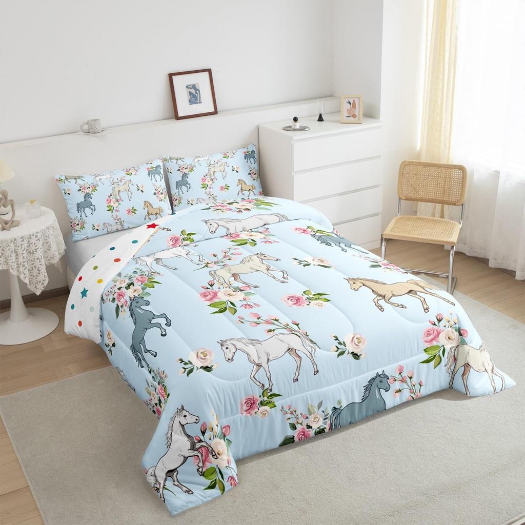 Erosebridal Horse Quilt Twin Size, Farmhouse Western Cowboy Cowgirls Duvet Insert for Kids Boys Girls Teens, Cartoon Kawaii Horse Bedding Se