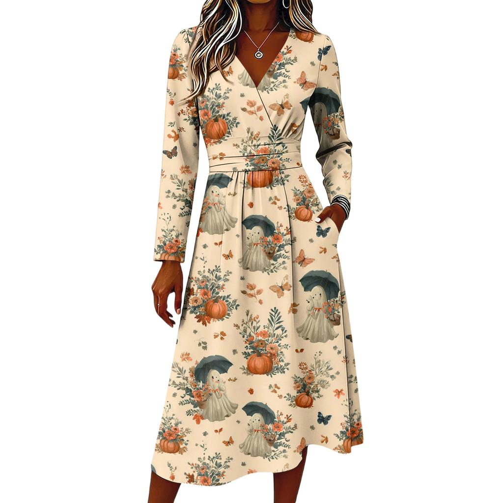 Women's Stylish Halloween Print Long Sleeve V-Neck Casual Dress with Pockets