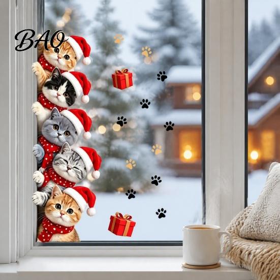 Waterproof PVC Festive Decor Christmas Cat Door Sticker, Cute Santa Hat Kittens Wall Decal, Self Kitten Window Stickers Adhesive Sticker for