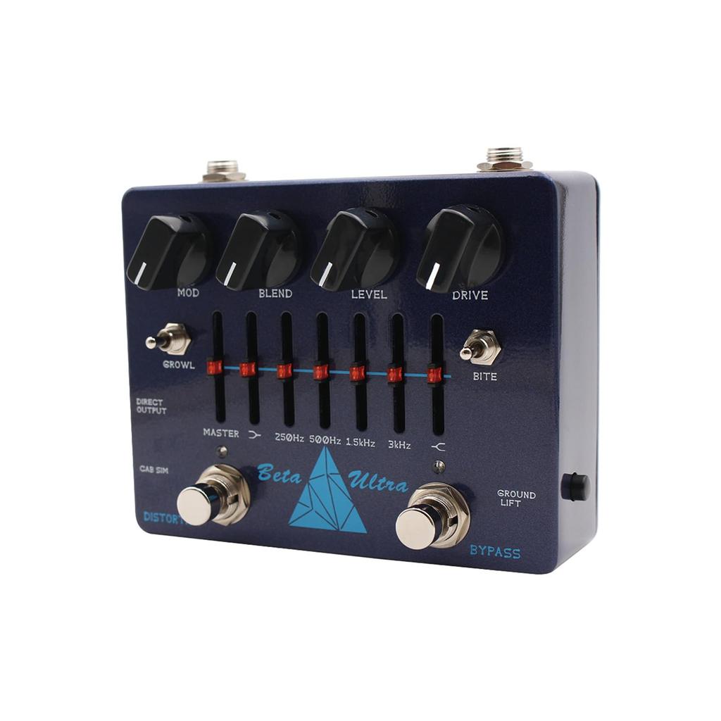 summina Beta Ultra Distortion Pedal with Alpha Omega Dual Mode DI Headphone Amp and Bass Effects Aluminum Professional Grade Box, 6-Band EQ, Output,