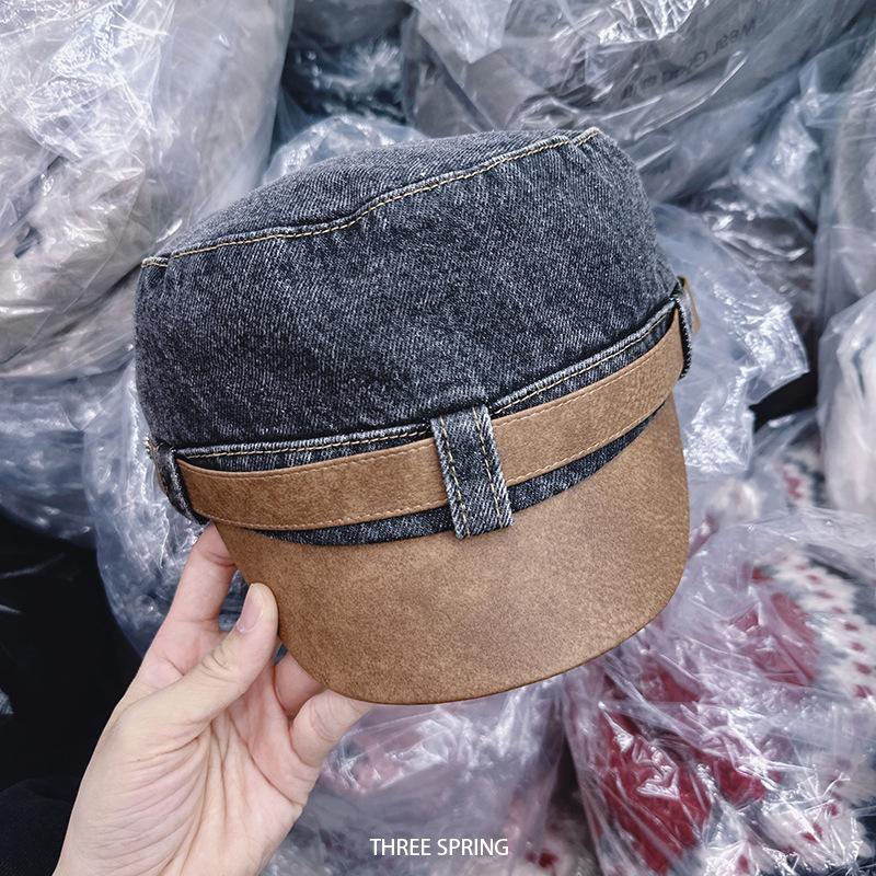 Korean style autumn/winter washed leather denim newsboy cap - women's, large head size, face-slimming, knight cap