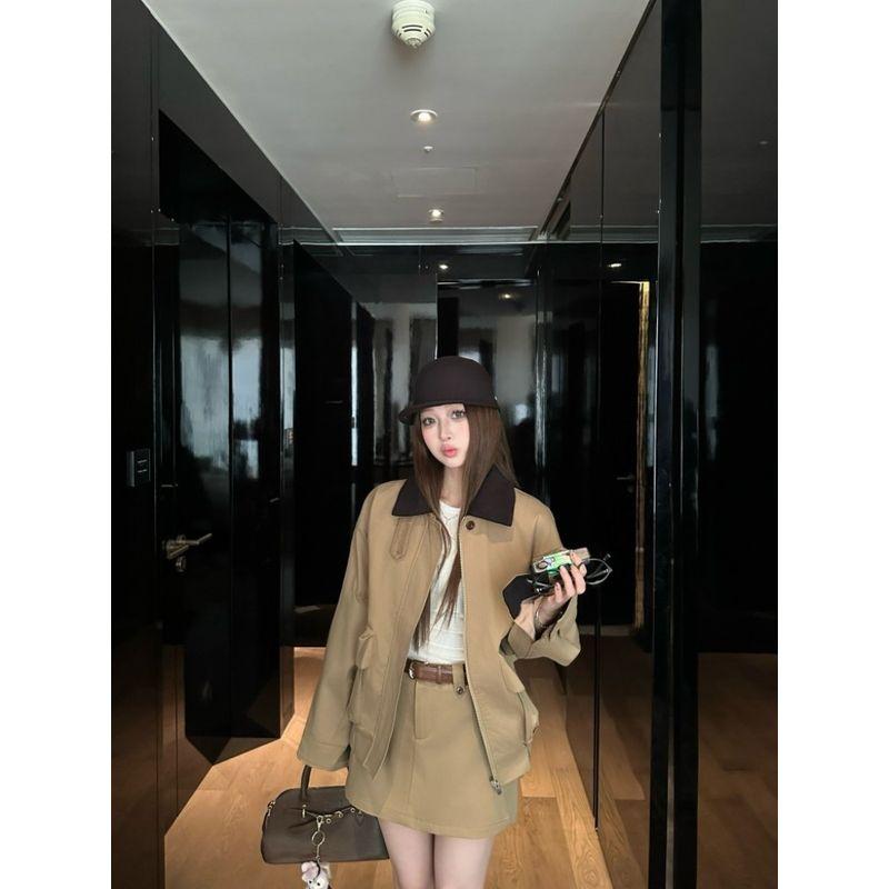 Retro Maillard Set Temperament Lapel Long sleeve Jacket Women Autumn High Waist Skirt Two piece skirt