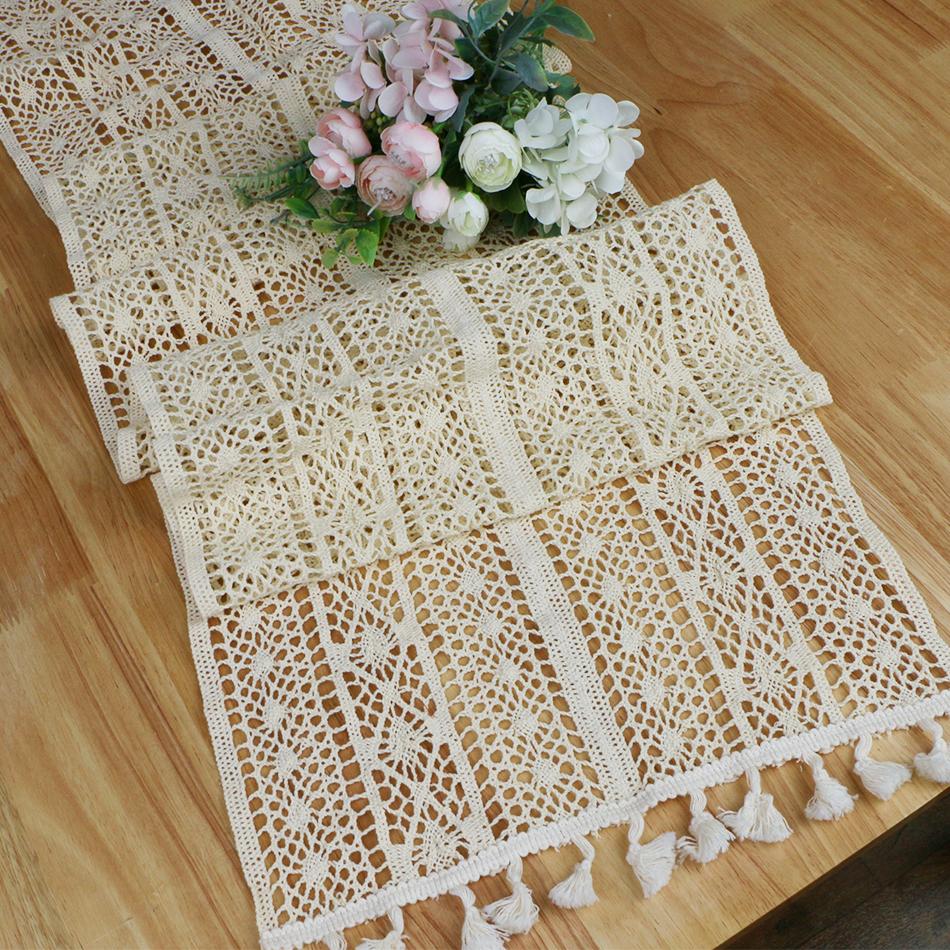 Beige Crochet Tassel Table Runner,Cotton Fabric for Kitchen Dining Coffee Table Wedding Birthday Holiday Decor