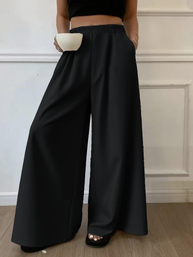 2025 Damen-Hose mit weitem Bein und elastischem Bund in Übergröße - Schlicht, Modisch, Lässig in Schwarz & Weiß
