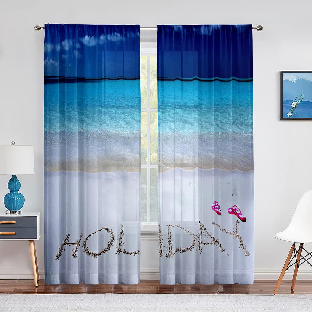 Ocean Summer Beach Sunlight Seawater Tulle In Sheer Curtains for Living Room Bedroom Kitchen Window Treatment Chiffon Curtain