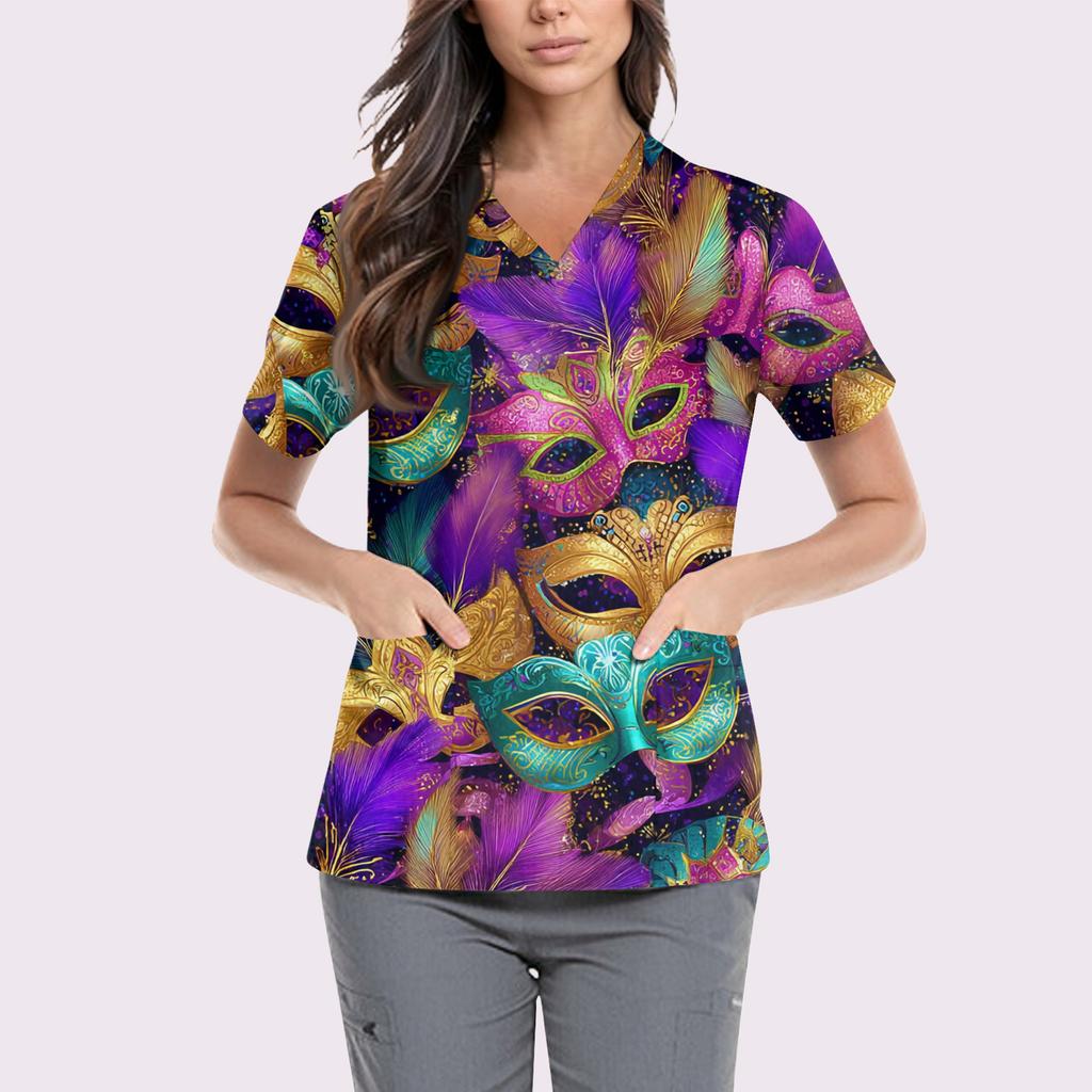 Süße bedruckte Arbeitskleidung für Damen, V-Ausschnitt, doppellagige Taschen, Basic, kurzärmeliges Oberteil, Pullover, Valentinstag