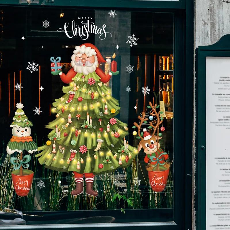 2025 Cartoon Christmas Window Sticker Noel Glass Wall Decor Xmas Tree Static Electricity Sticker Wreath Santa Merry Christmas