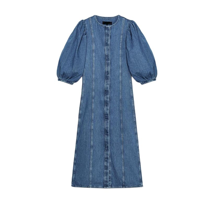 

Весенне-летняя новая женская одежда, джинсовое платье с круглым вырезом и рукавами-буфами, украшенное нитью, с эффектом стирки 5216060 Blue L