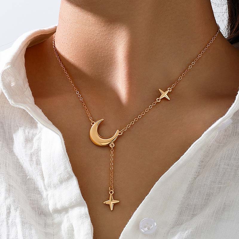 Fashion Gold Copper Color Star Moon Pendant Necklace For Women Simple Metal Long Tassel Cross Chain Necklace Zircon