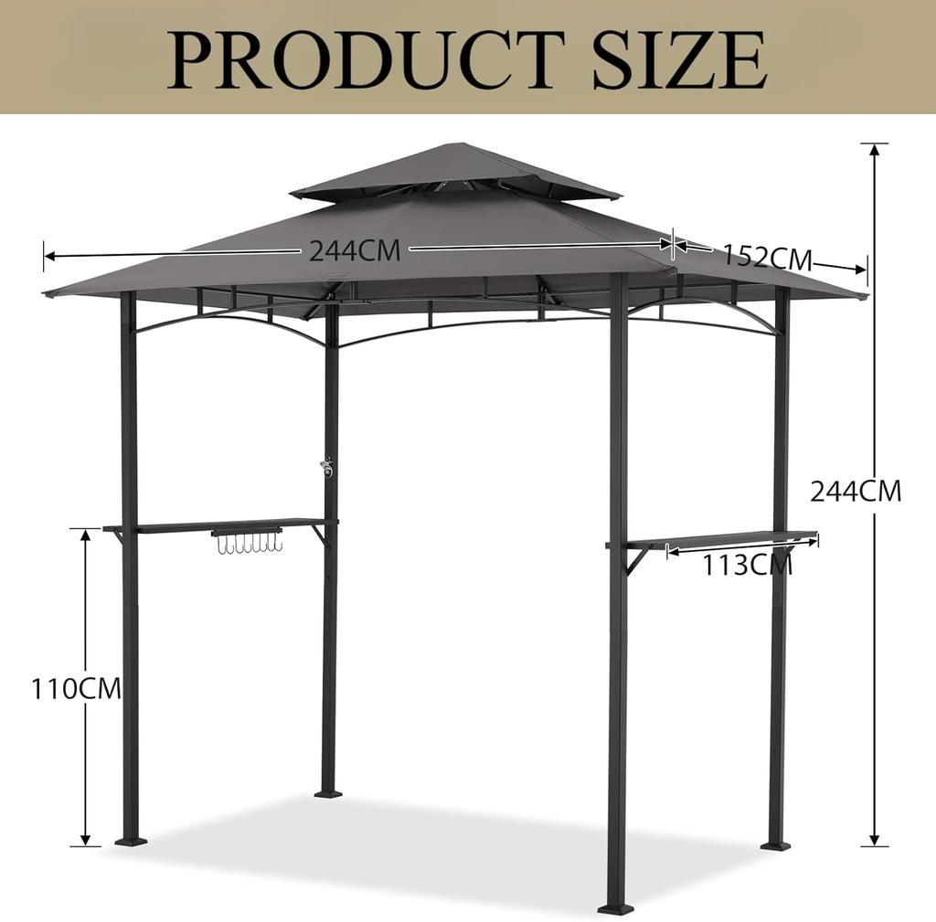 YODOLLA BBQ Gazebo - Double-Tier Canopy, Rust-Resistant Steel Frame, Side Shelves with Hooks 2,4m×1,5m - Gray