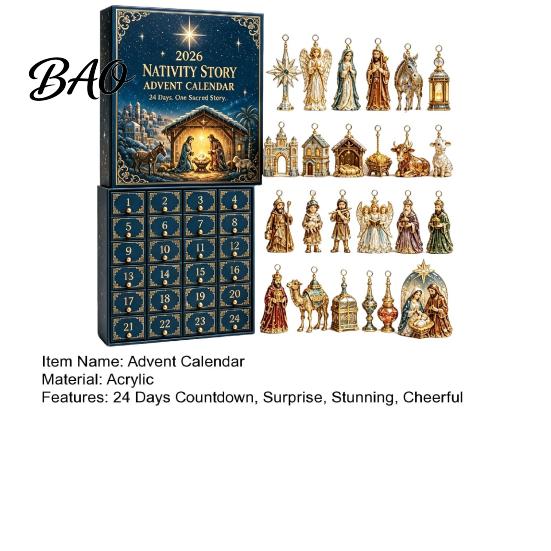 Christmas Themed Box Nativity Advent Calendar 2026, 24 Day Countdown with Holiday Keepsake Gift for Friends Pcs 2D Acrylic Religious Figures,