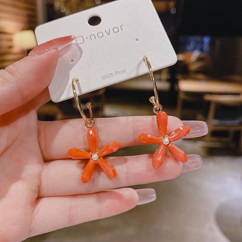 Korean Sunflower Crystal & Pearl Sterling Silver Earrings