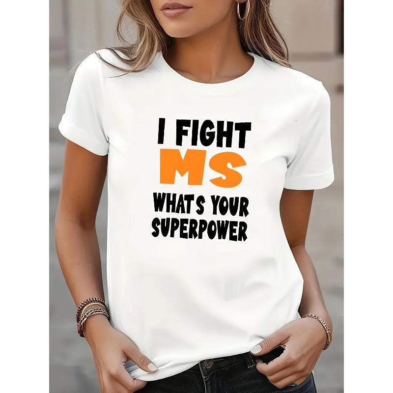European sizes Women S Black T-Shirt with  I FIGHT MS, WHAT S YOUR SUPERPOWER  Print - Casual Crew Neck, Polyester, All-Season Wear S
