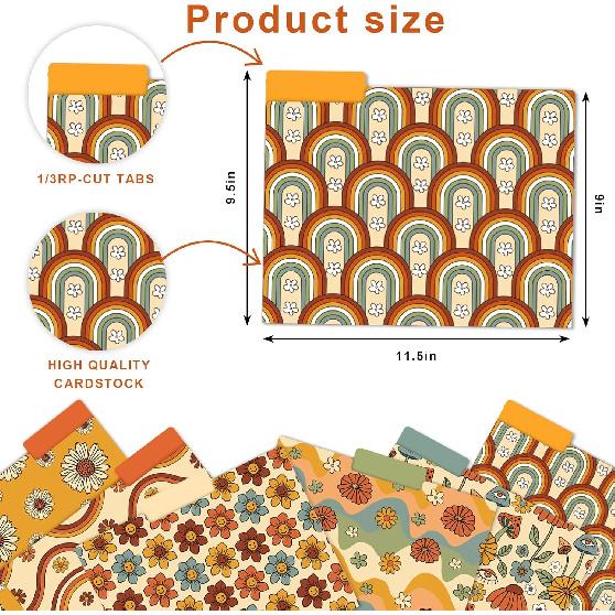 Boho Floral File Folders 12 Pack Retro Rainbow Flower Letter Size File Pockets with 1/3 Cut Tab for Office Classroom File Organizer, 9.5 x 11.5 Inch