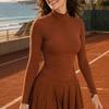 Womens Sporty Tennis Skort Set Long Sleeve Half-Zip Top With Built-in Shorts Anti-See-Through Quick-Dry Breathable Gym Workout