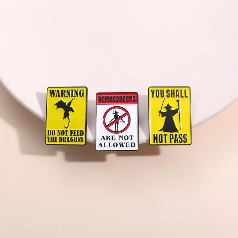 Warning Signs Enamel Pins Witch Dragon Piranha Punk You Shall Not Pass Brooches Backpack Lapel Badges Jewelry Gift