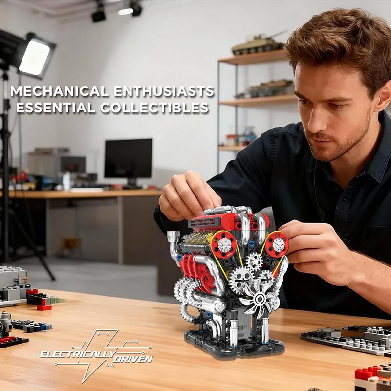 Silnik samochodowy V8 Model symulacyjny z napędem elektrycznym Zabawki konstrukcyjne Techniczne klocki Kreatywne zabawki Prezenty dla dorosłych 538 szt.