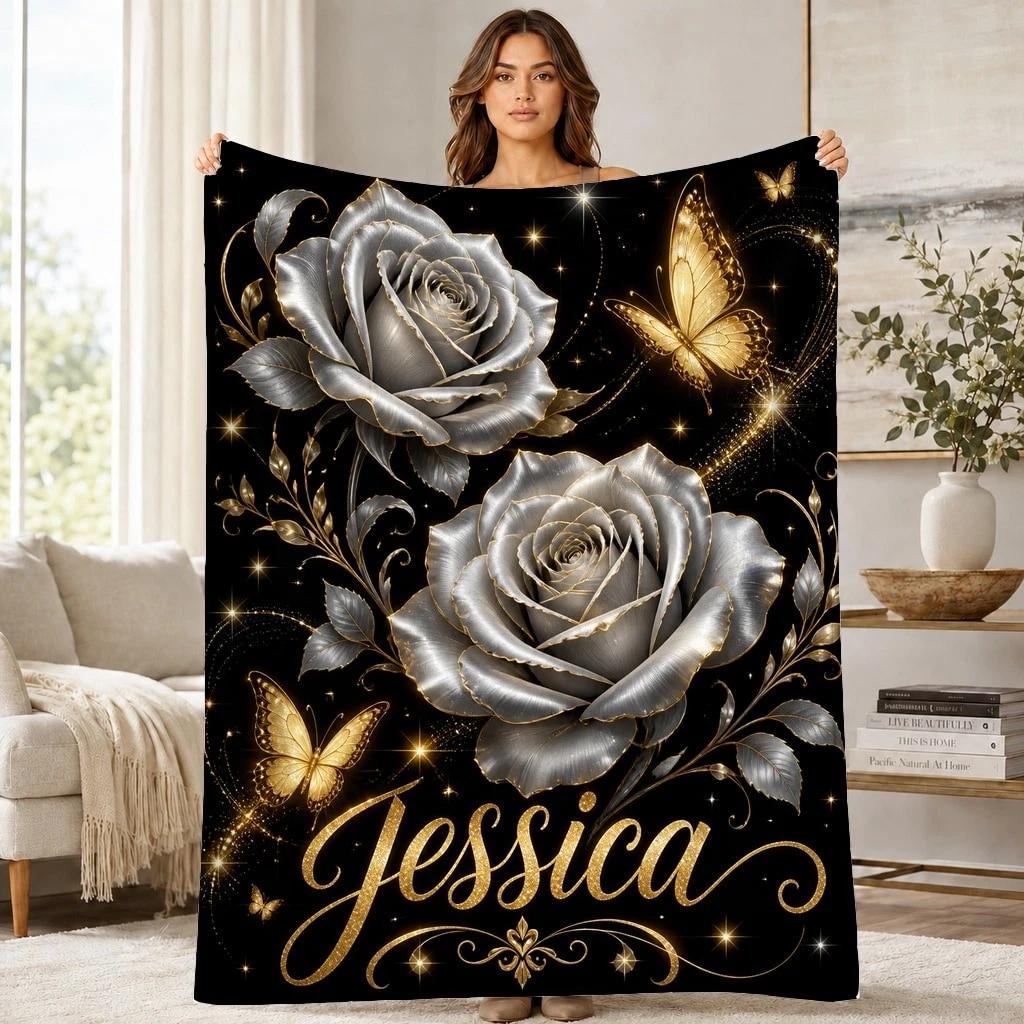 Jessica Silver Roses Butterflies Coral Fleece Blanket Floral Decor