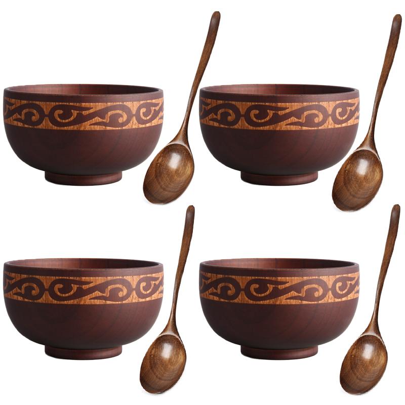 New Creative Bowl Spoon Tableware Set For Kitchen Item Utensils Wooden Auspicious Eight Treasure Pattern Dining Salad Home Dinne