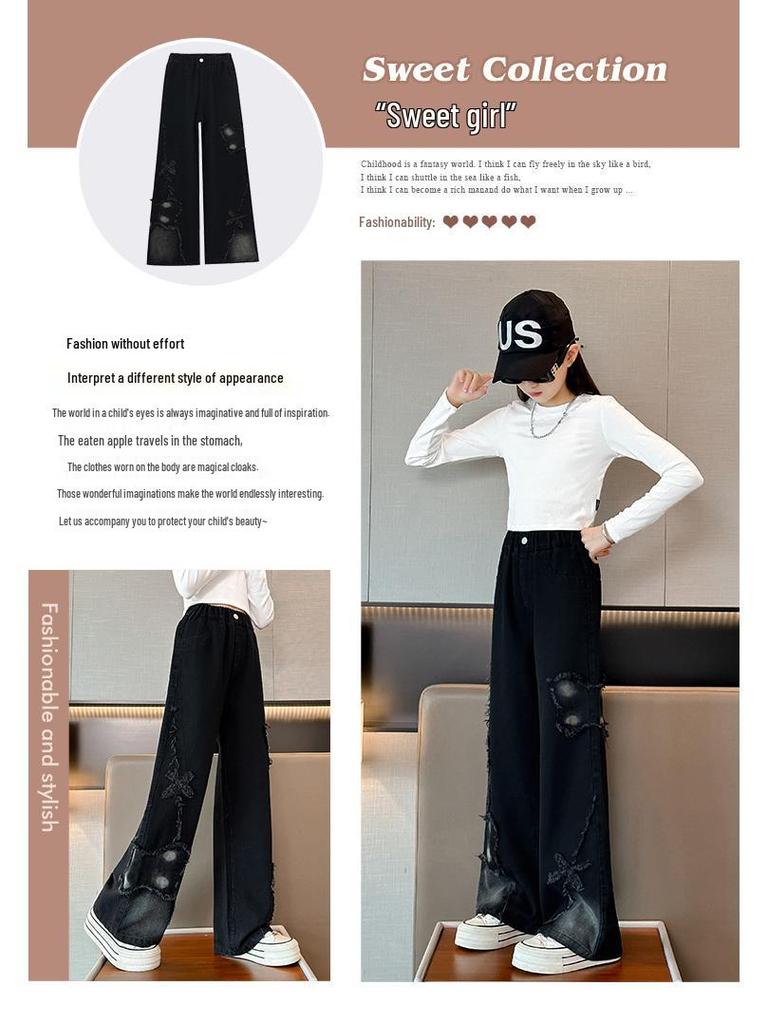 Mädchen Jeans mit Batikmuster und Schmetterlingsapplikation mit weitem Bein - Herbst 2025 Kollektion