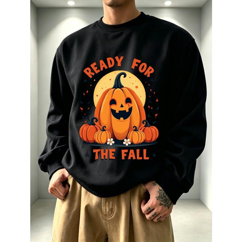 Men'S Graphic Print Crew Neck Sweatshirt With Pumpkin Moon Design, Loose Fit, For Streetwear And Outdoor Wear.