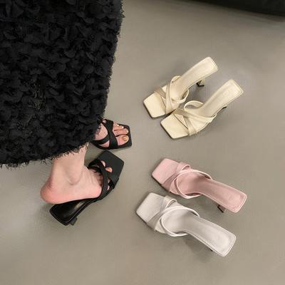 French Cross High-heeled Cool Slippers Women's 2025 Summer New Fashionable Versatile Square Head Open-toed Stiletto Sandals