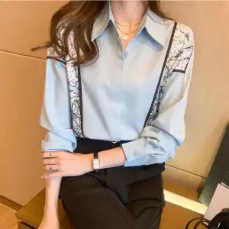 

Новая модная шифоновая рубашка для женщин, модный универсальный профессиональный топ с длинным рукавом S синий