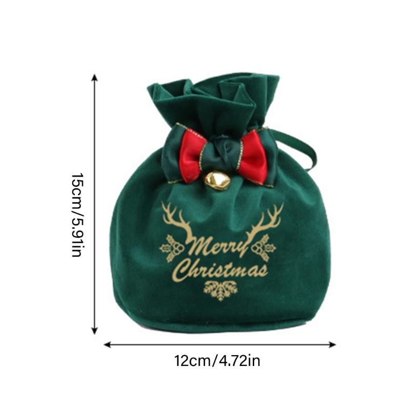 Reusable Holiday Velvets Treat Pouch Drawstring Gift Bag With Bowknot And Bell Christmas Party Decoration Accessories
