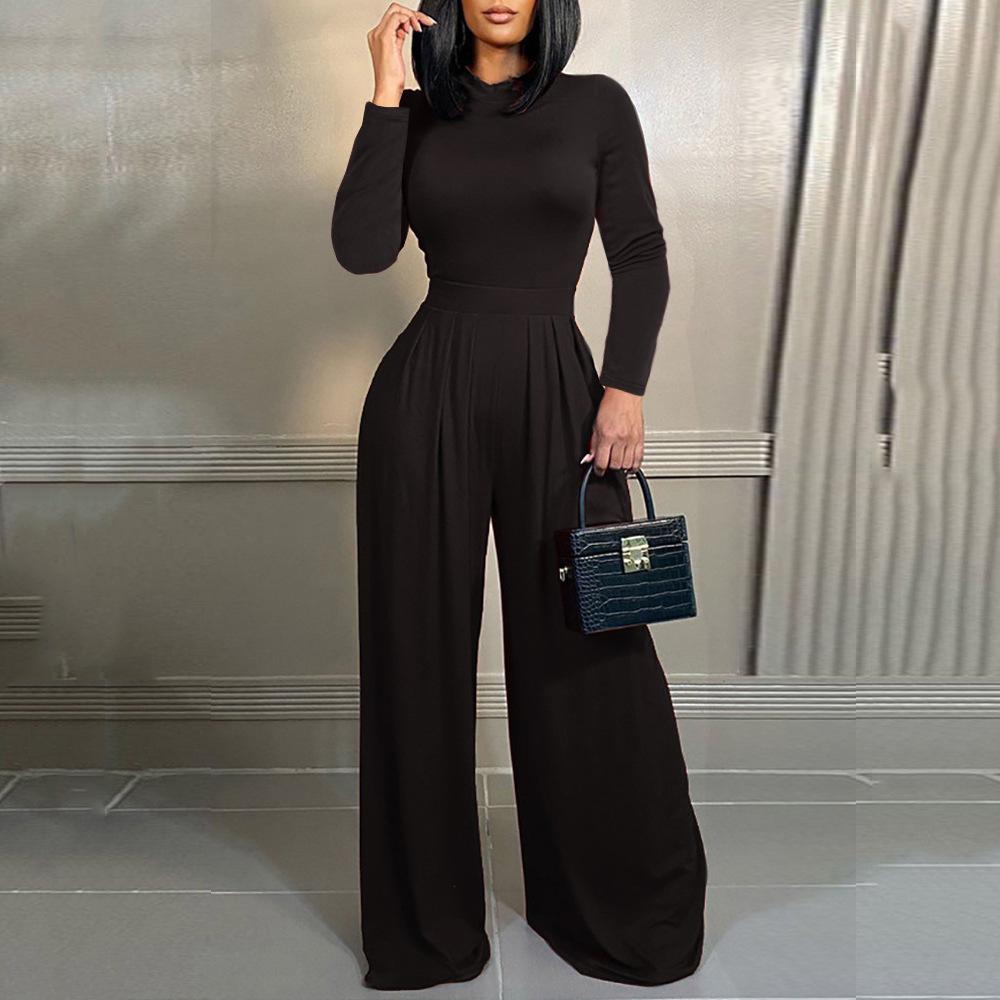 Women's Long-Sleeve Stand Collar Wide-Leg Jumpsuit - New for Fall/Winter 2023