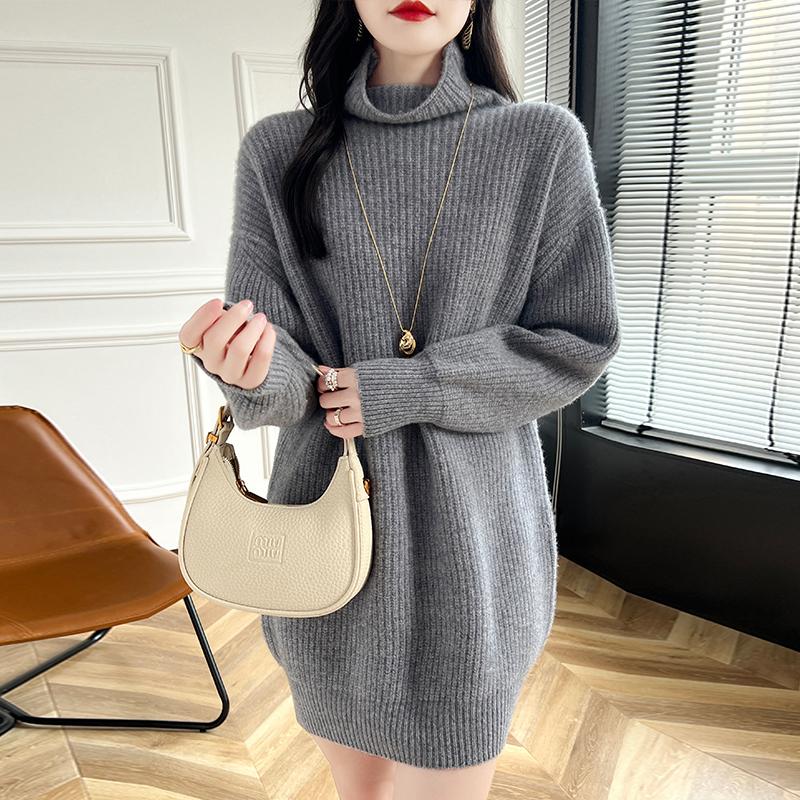 Rollkragenpullover Damen Wollpullover Mittlerer Stil Lockerer Großer Strickpullover Herbst und Winter Dicke Warme Außenbekleidung