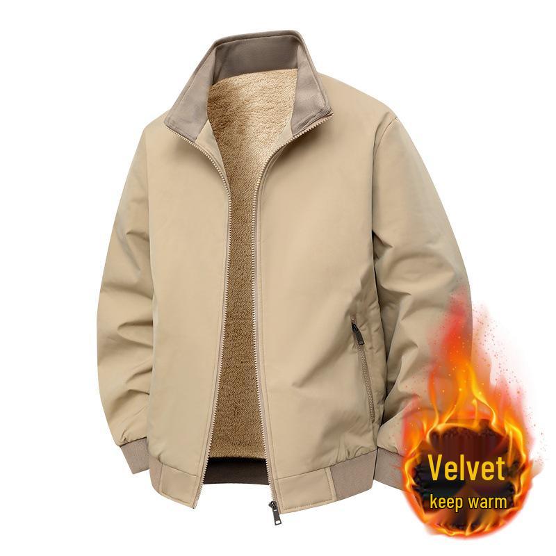 Men's Winter Fleece-Lined Stand Collar Jacket: Warm, Thick, Casual Fashion for Middle-Aged