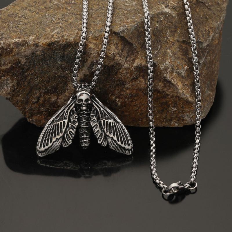 Vintage Wikinger Totenkopf Motte Anhänger Halskette - Gothic Party Accessoire