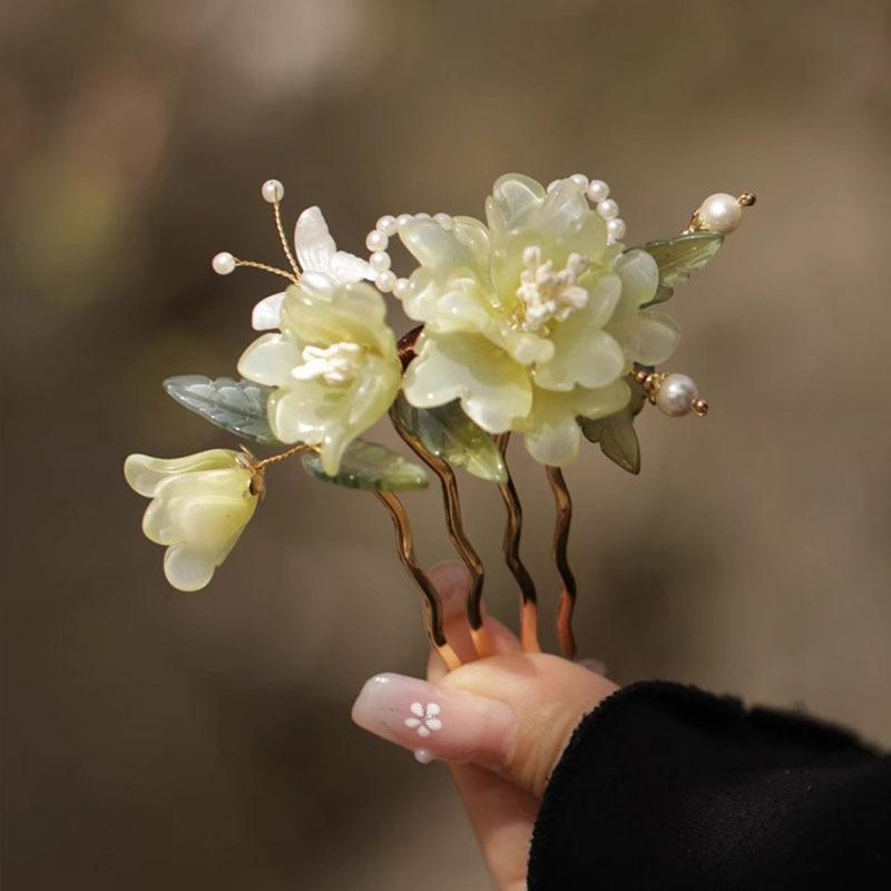 1Pcs Cool Jade Orchid Flower Hairpin For Women Chinese Style Flower Hair Stick Handmade Jewelry Hair Accessory Hanfu Hair Comb