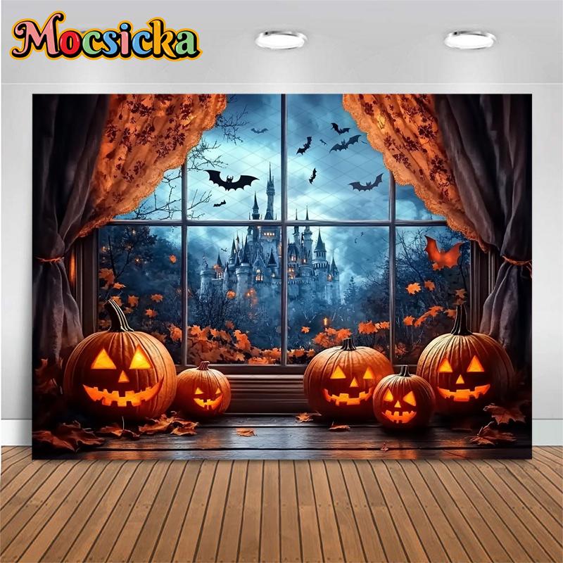 Mocsicka Halloween Backdrop For Photography Fall Pumpkin Party Backgrounds Autumn Leaf Bat Home Window Castle Decorations Banner